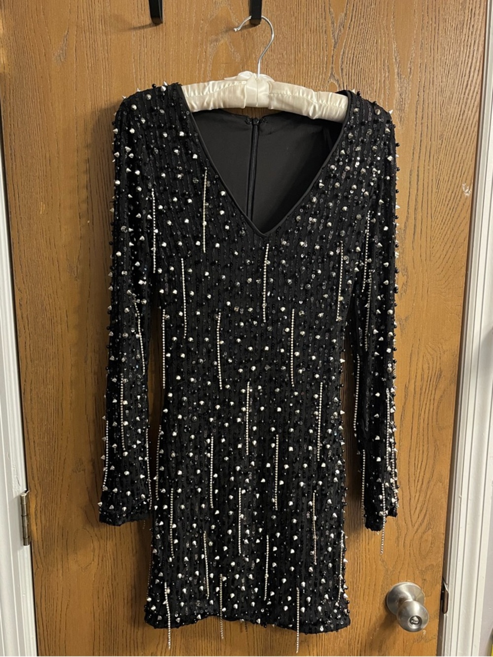 Beaded, studded, rhinestoned vintage black long sleeve mini dress